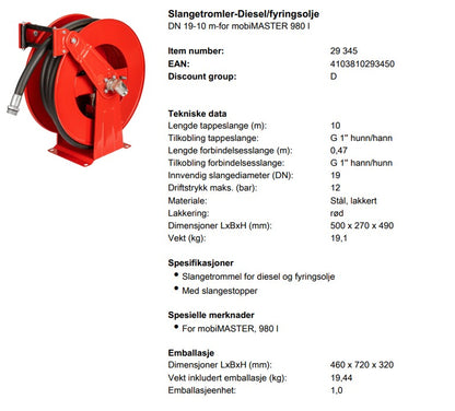 Slangetrommel 3/4'' 10m for diesel