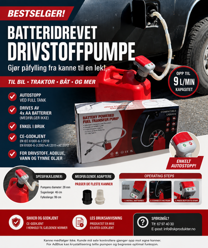 Batteridrevet drivstoffpumpe for kanne